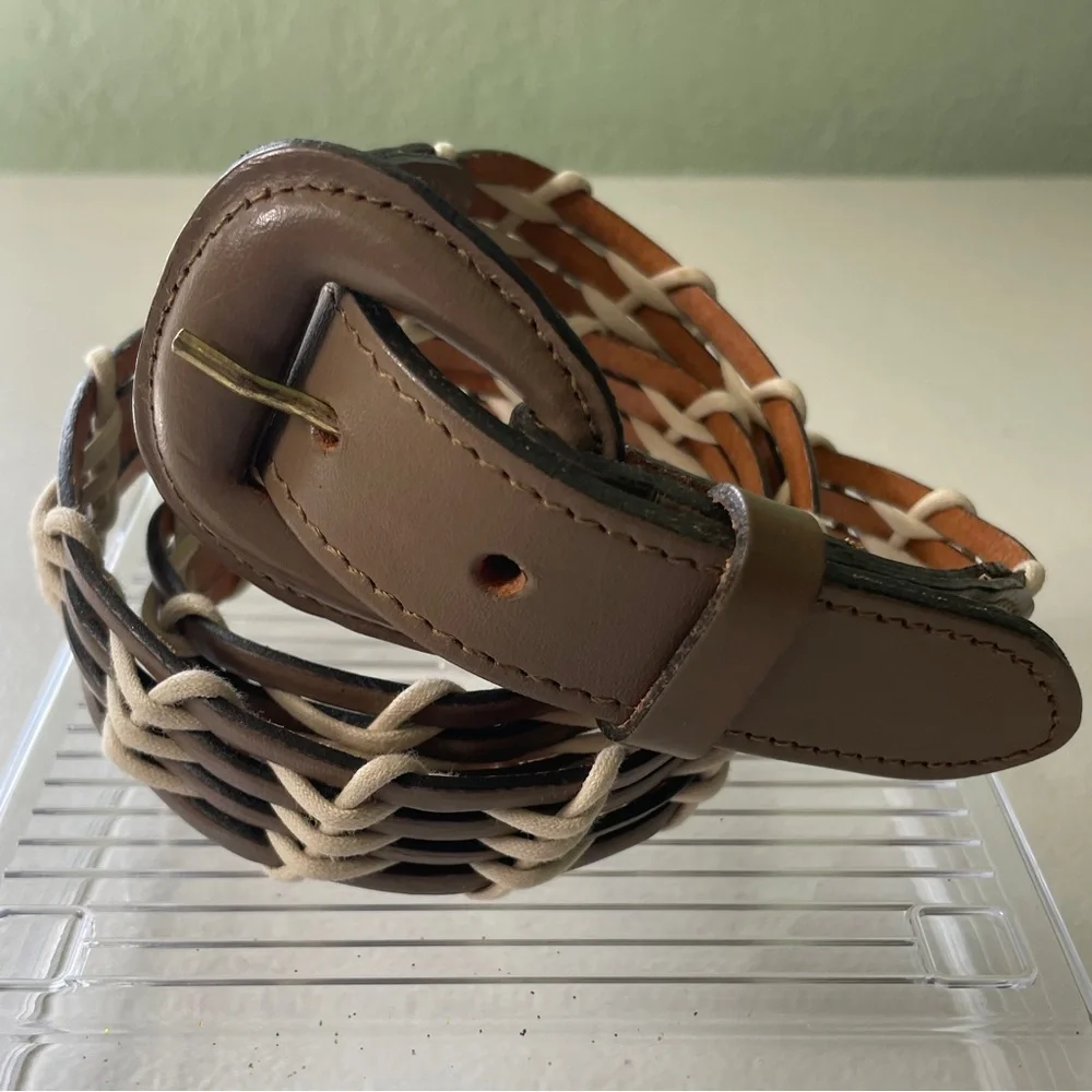 VTG Jaeger Woven Leather Belt Buckle Taupe Unisex Size 34” 90s Style Preppy Boho